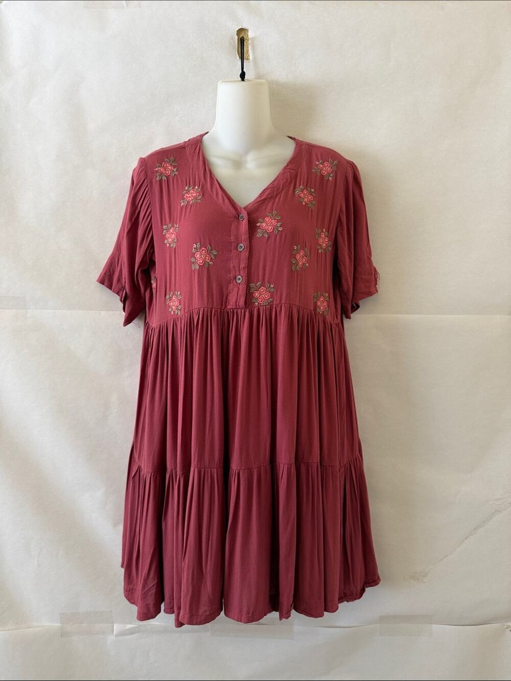Bombay Paisley Tiered Babydoll Dress Sz S Mauve Pink Floral Embroidered Cottage